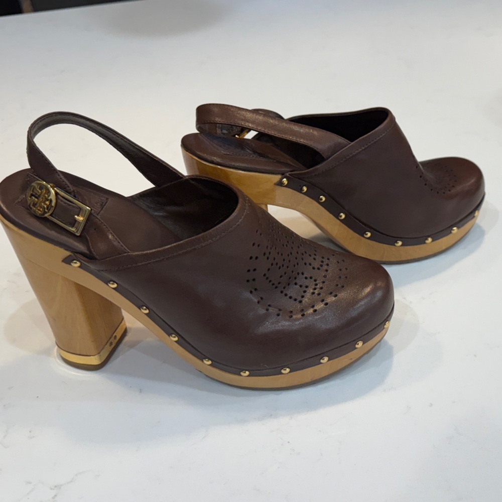 Tory Burch Chocolate Leather Clogs with Wooden Heel